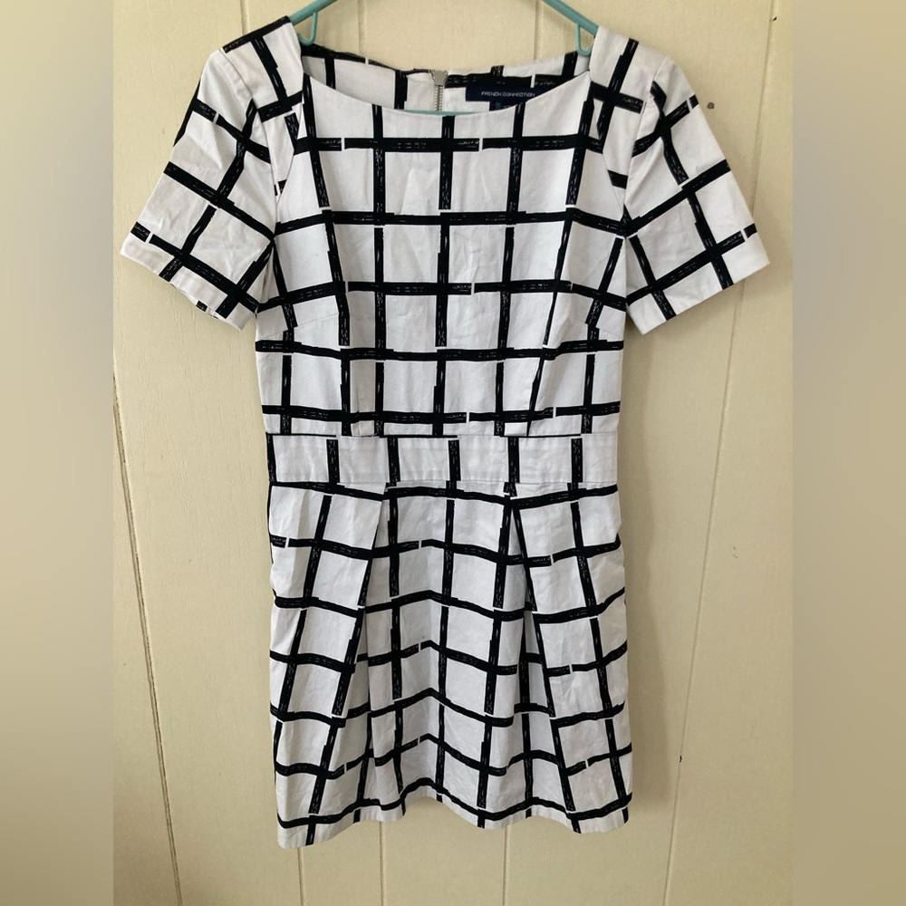 Pleated Black and White Square Pattern Formal Dress